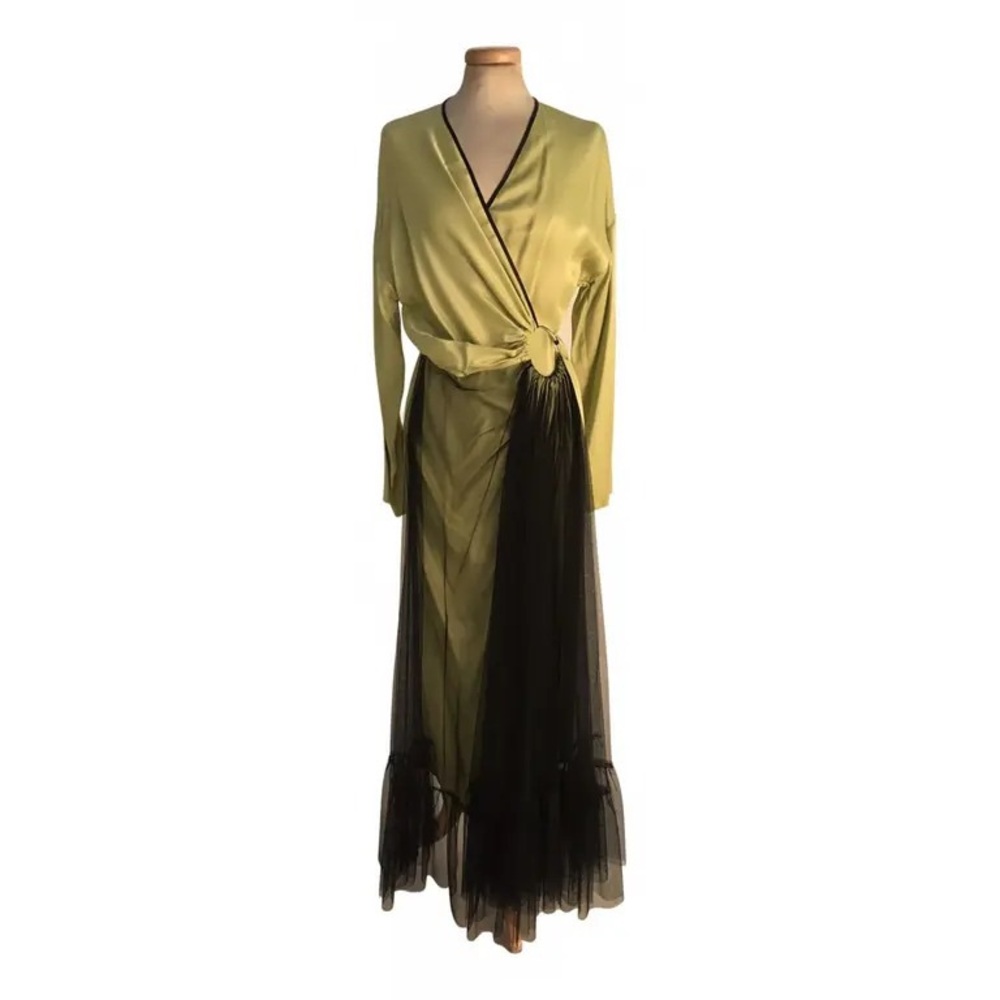 Act N°1 midi length green wrap dress with black tulle overlay